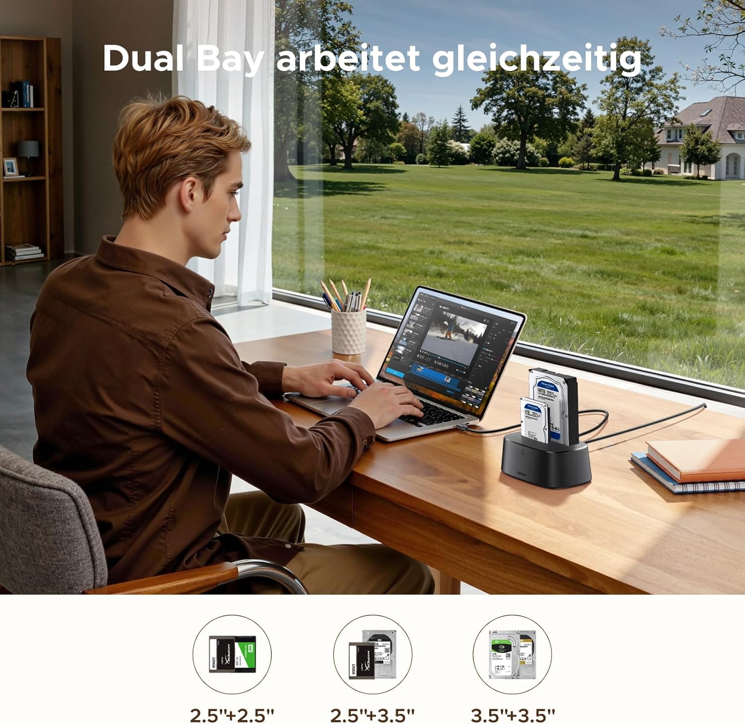UGREEN Festplatten Dockingstation, USB 3.0 HDD Docking Station für 2,5''/3,5'' SATA HDD & SSD Offline-Klonen und UASP