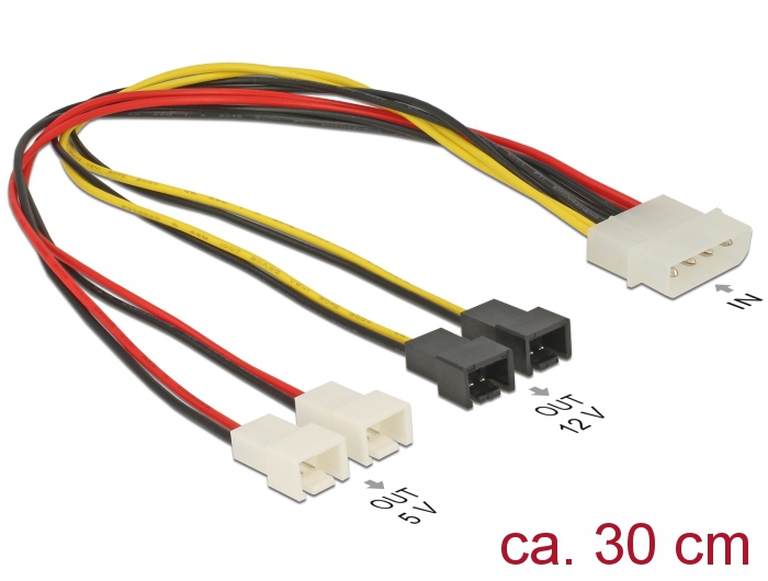 DeLOCK Stromkabel 4-Pin Molex Stecker auf 4x 2-Pin Lüfter Adapter, 30cm - 83343