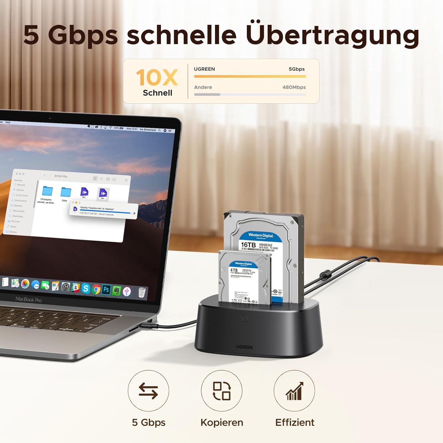 UGREEN Festplatten Dockingstation, USB 3.0 HDD Docking Station für 2,5''/3,5'' SATA HDD & SSD Offline-Klonen und UASP