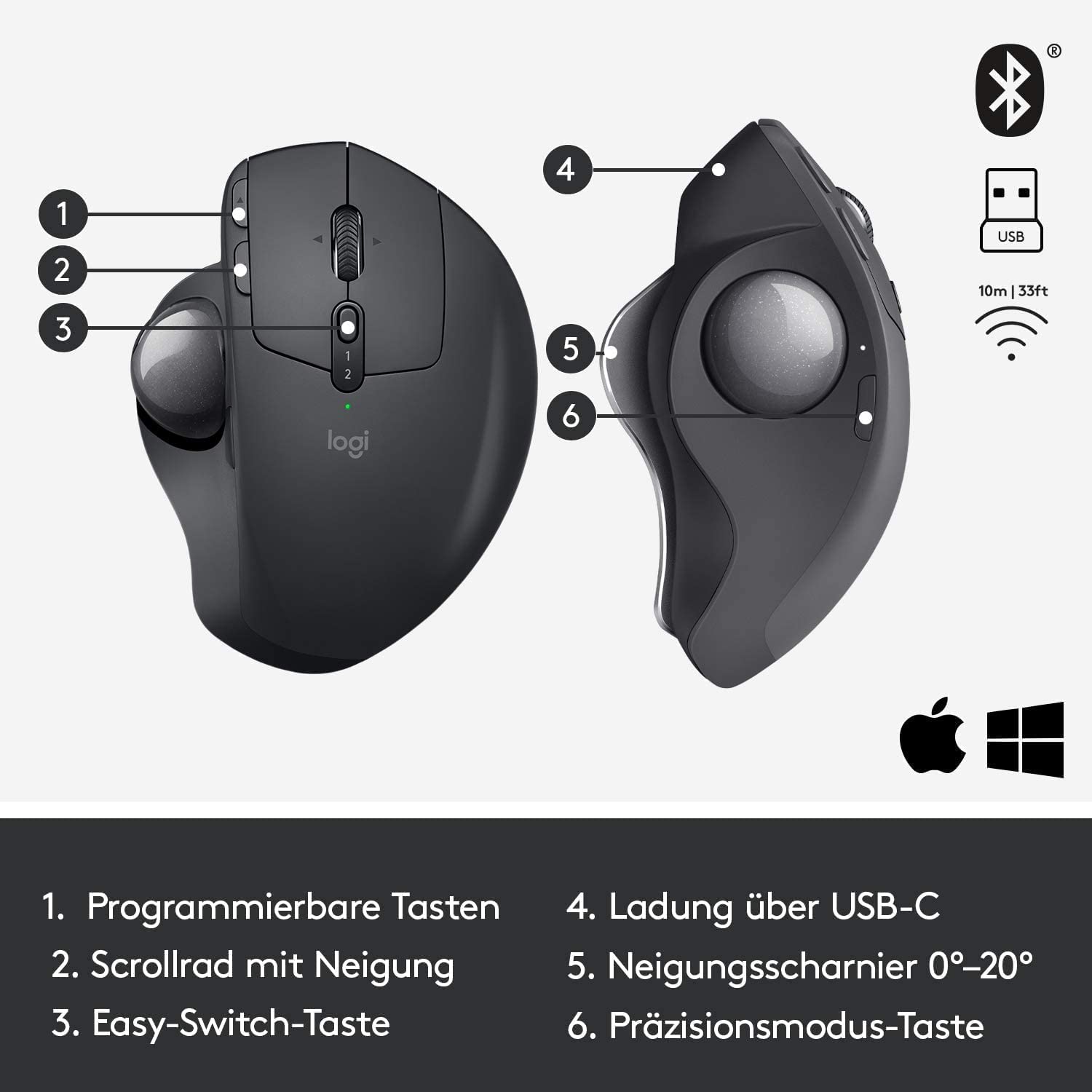 Logitech MX Ergo Wireless Trackball, USB, USB/Bluetooth, Ergonomische Maus