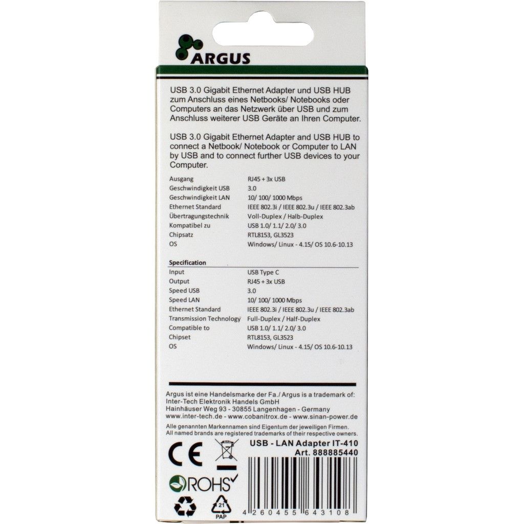Argus IT-410 LAN-Adapter USB Hub - USB Type C