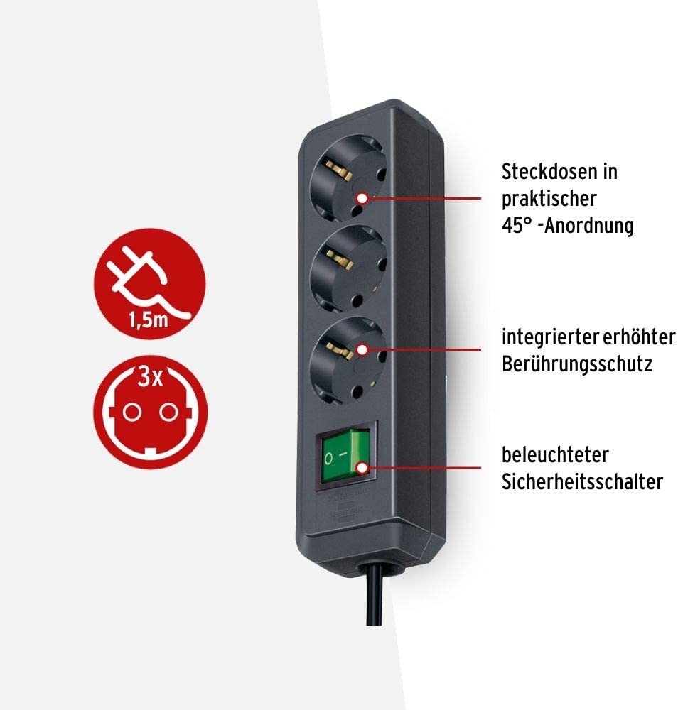 Brennenstuhl Eco-Line mit Schalter schwarz 3-fach, 1.5m - 1152300015