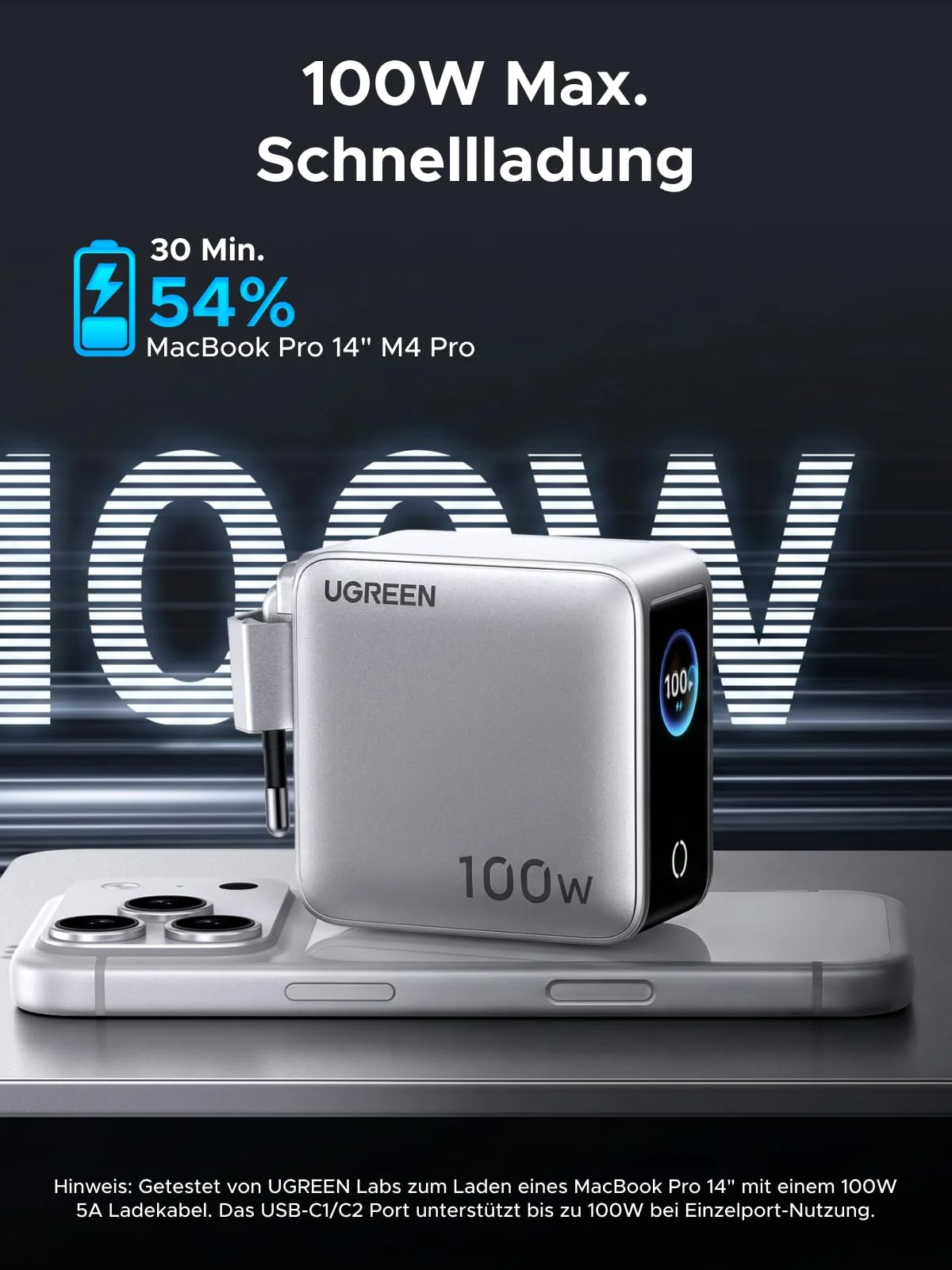 UGREEN Nexode Pro 100W GaN Ladegerät – 4 Ports, Smart Display, Touch-Steuerung