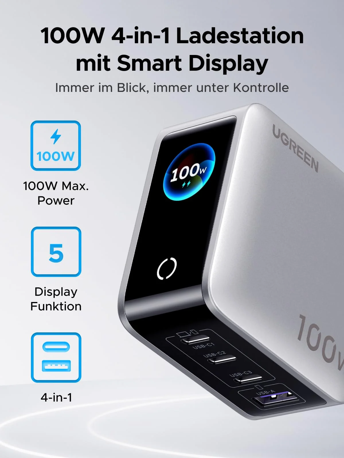 UGREEN Nexode Pro 100W GaN Ladegerät – 4 Ports, Smart Display, Touch-Steuerung