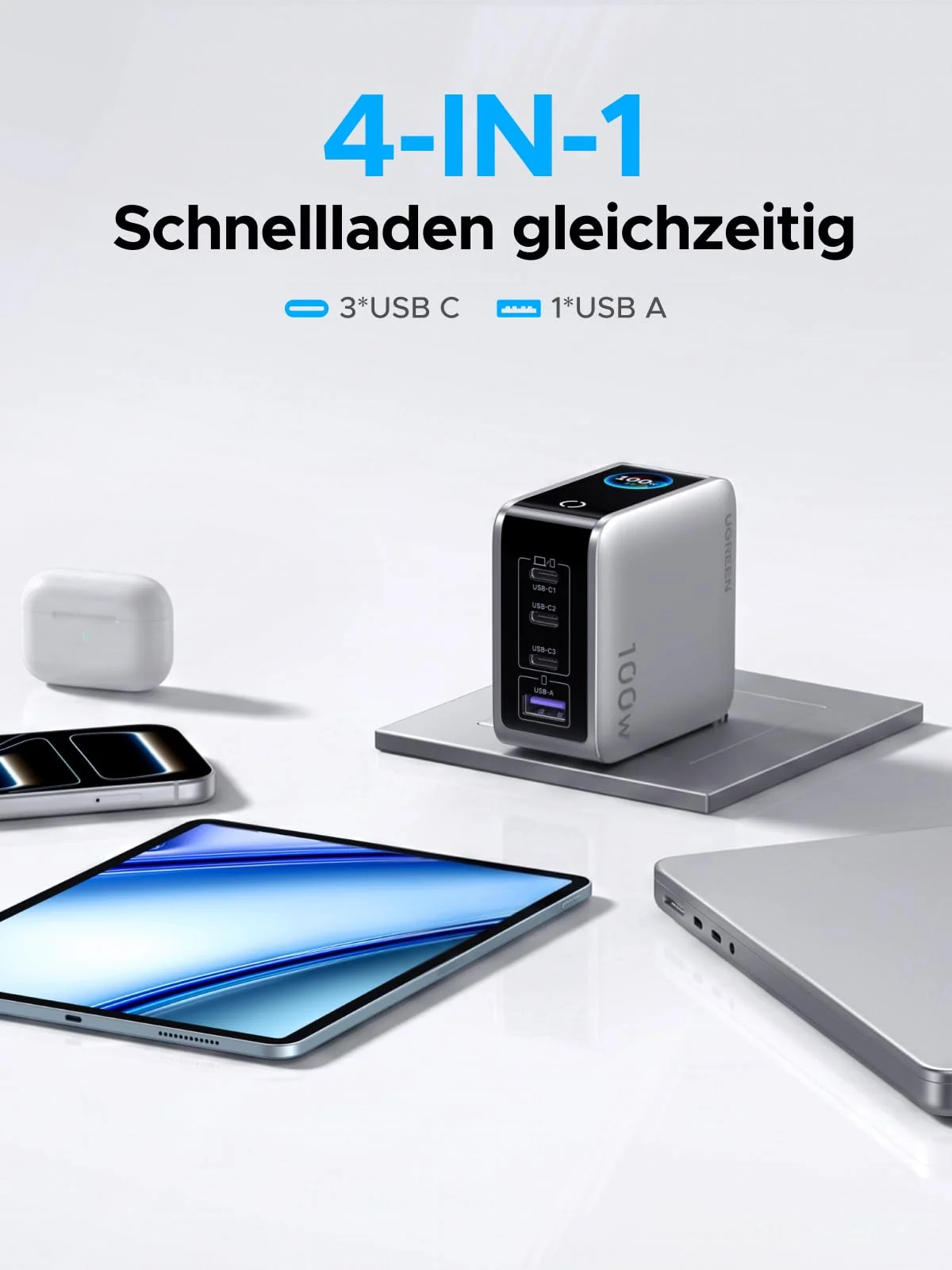 UGREEN Nexode Pro 100W GaN Ladegerät – 4 Ports, Smart Display, Touch-Steuerung