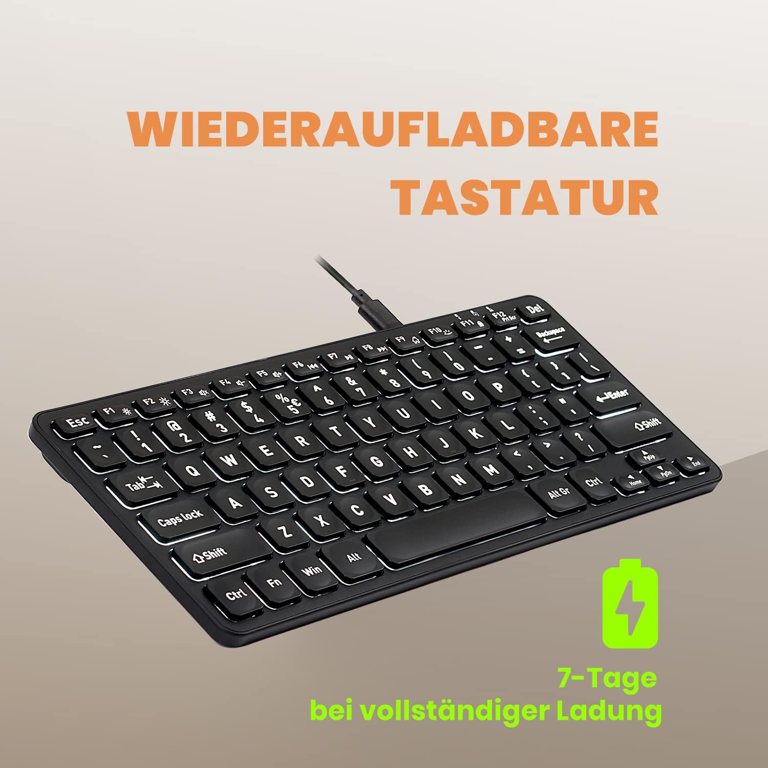 Perixx Periboard-732 Wireless Mini Keyboard, schwarz, LEDs weiß, USB, DE