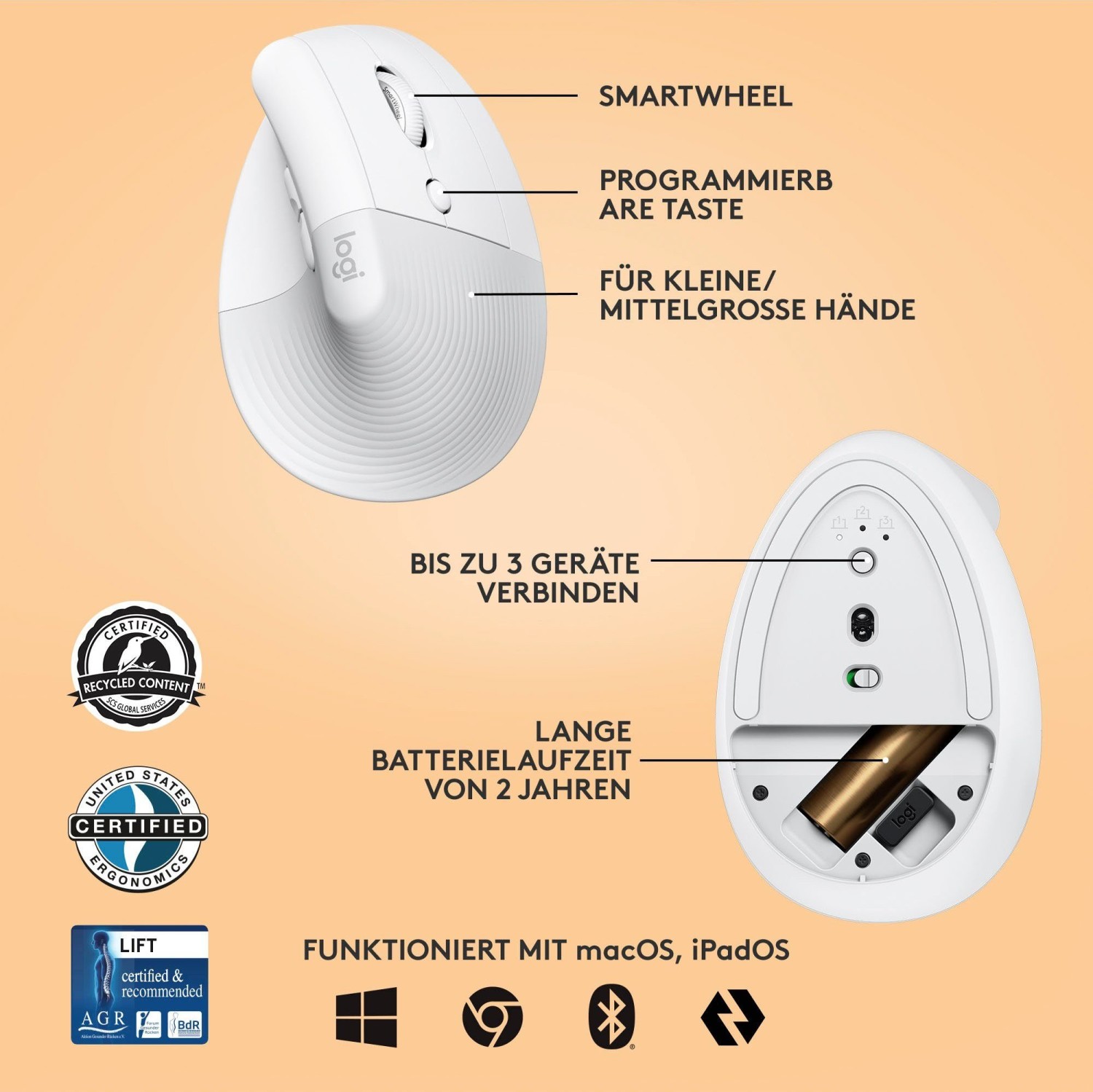 LOGITECH Lift Vertikale Ergonomische Maus, Off-White, Logi Bolt, USB/Bluetooth