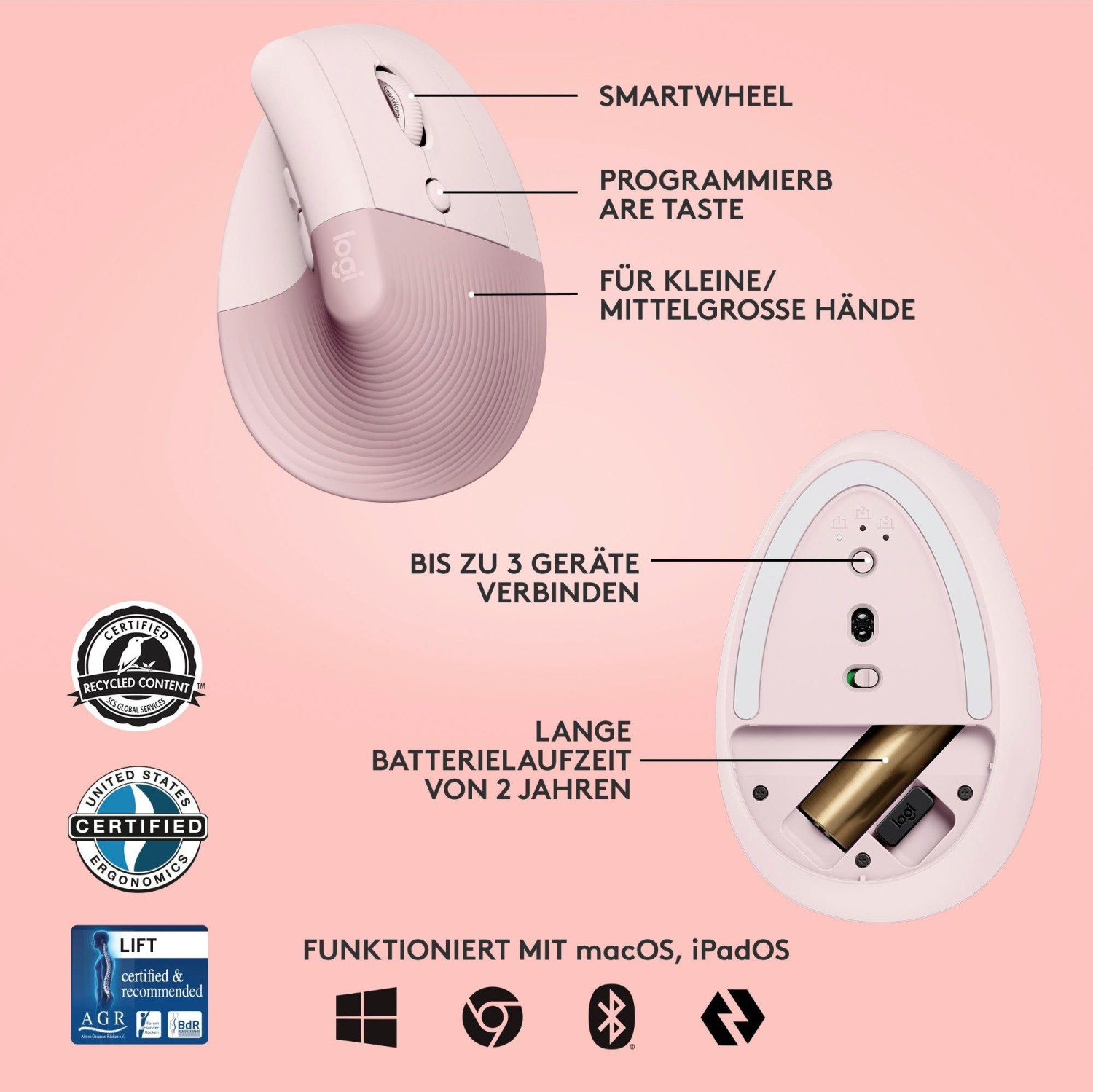 LOGITECH Lift Vertikale Ergonomische Maus, Rose, Logi Bolt, USB/Bluetooth