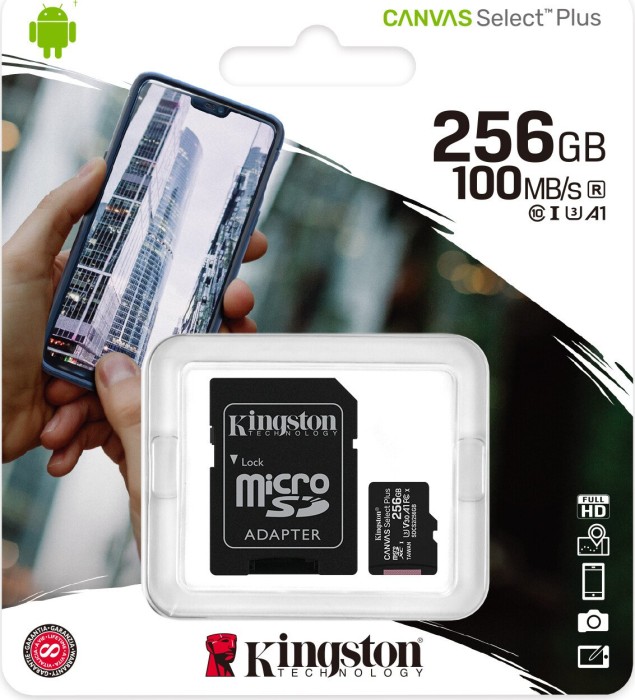 256GB Kingston Canvas Select Plus R100/W85 microSDHC Kit, UHS-I U1