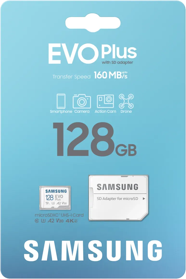 128 GB Samsung EVO Plus 2024 R160 microSDXC Kit , UHS-I U3, A2, Class 10