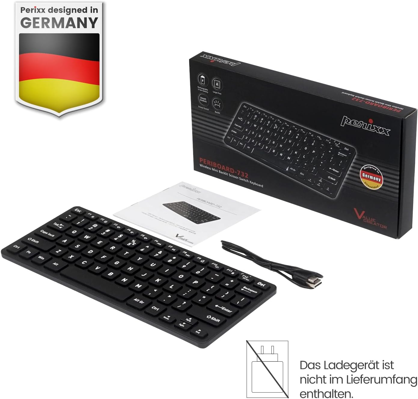 Perixx Periboard-732 Wireless Mini Keyboard, schwarz, LEDs weiß, USB, DE