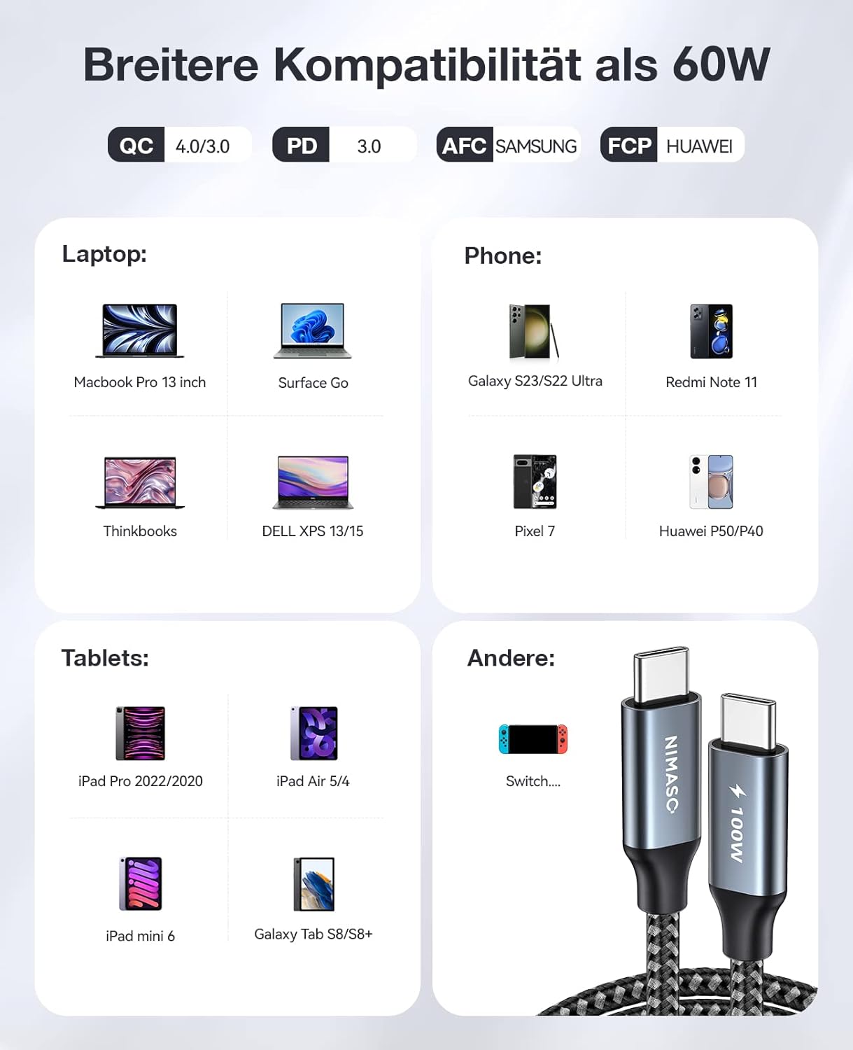 USB Typ C auf USB Typ C Lade / Datenkabel 1 meter ,Nimaso,100W Lade/Datenkabel